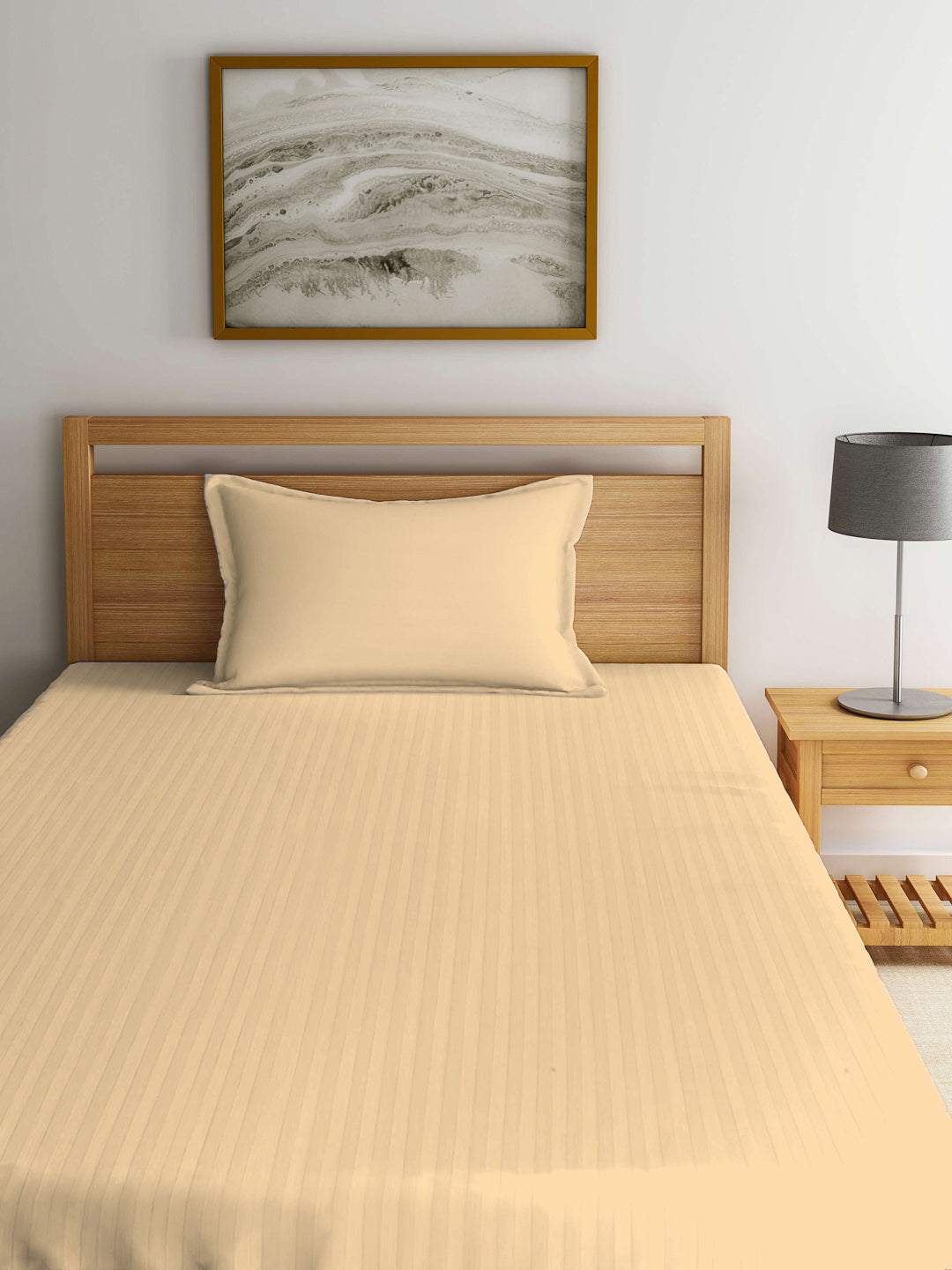 Arrabi Cream Stripes TC Cotton Blend Single Size Bedsheet with 1 Pillow Cover (220 X 150 cm)