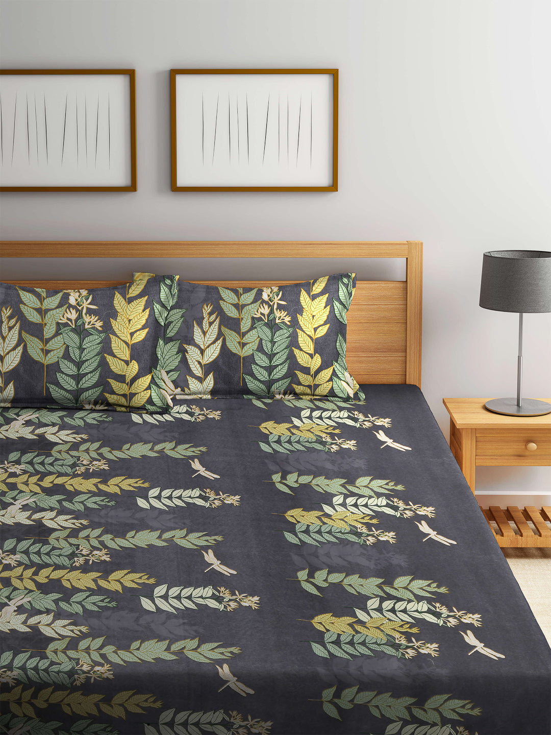 Arrabi Grey Floral TC Cotton Blend Super King Size Fitted Bedsheet with 2 Pillow Covers(270 X 260 Cm )