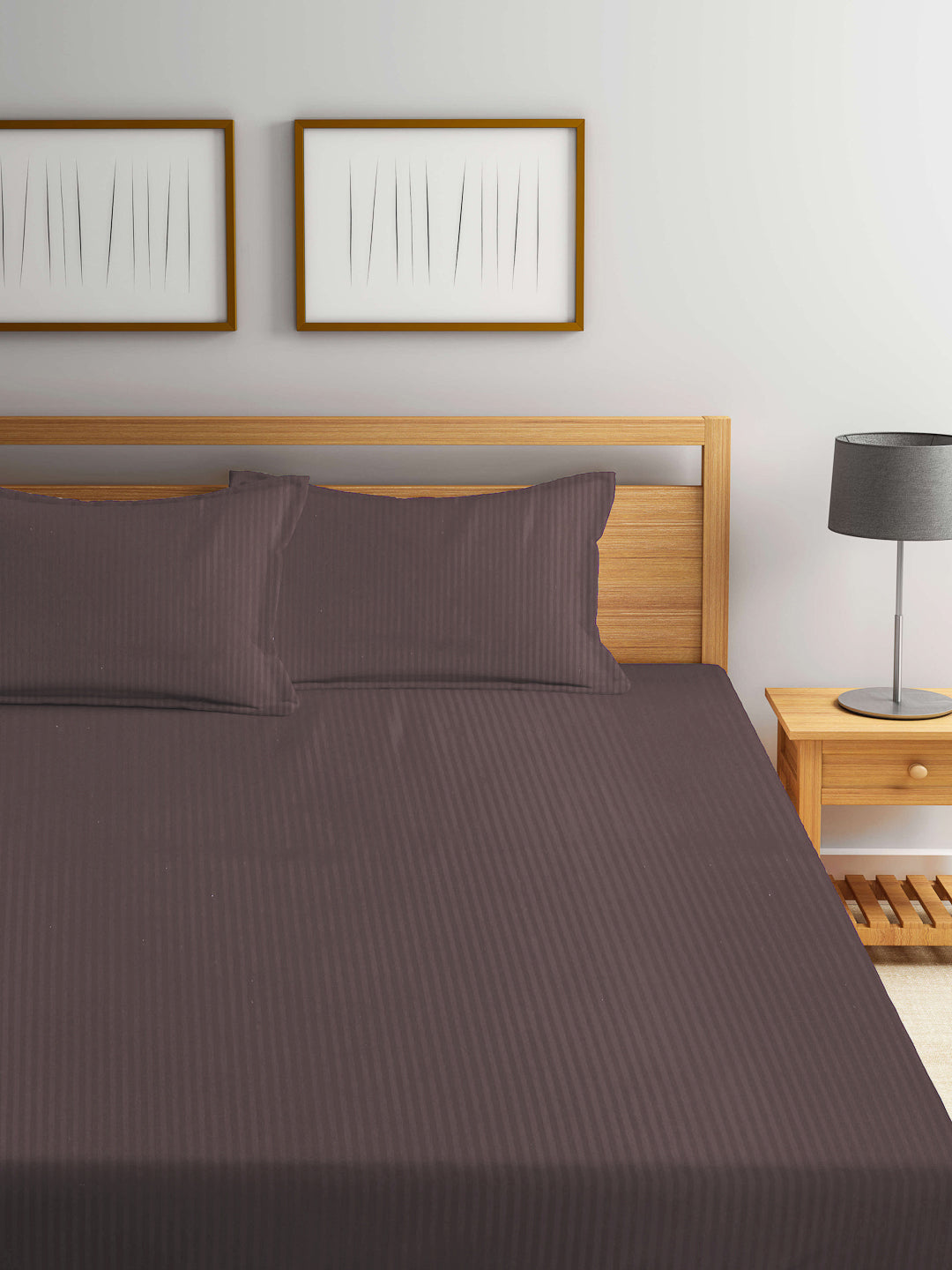 Arrabi Brown Stripes TC Cotton Blend Double Size Fitted Bedsheet with 2 Pillow Covers (250 X 220 cm)