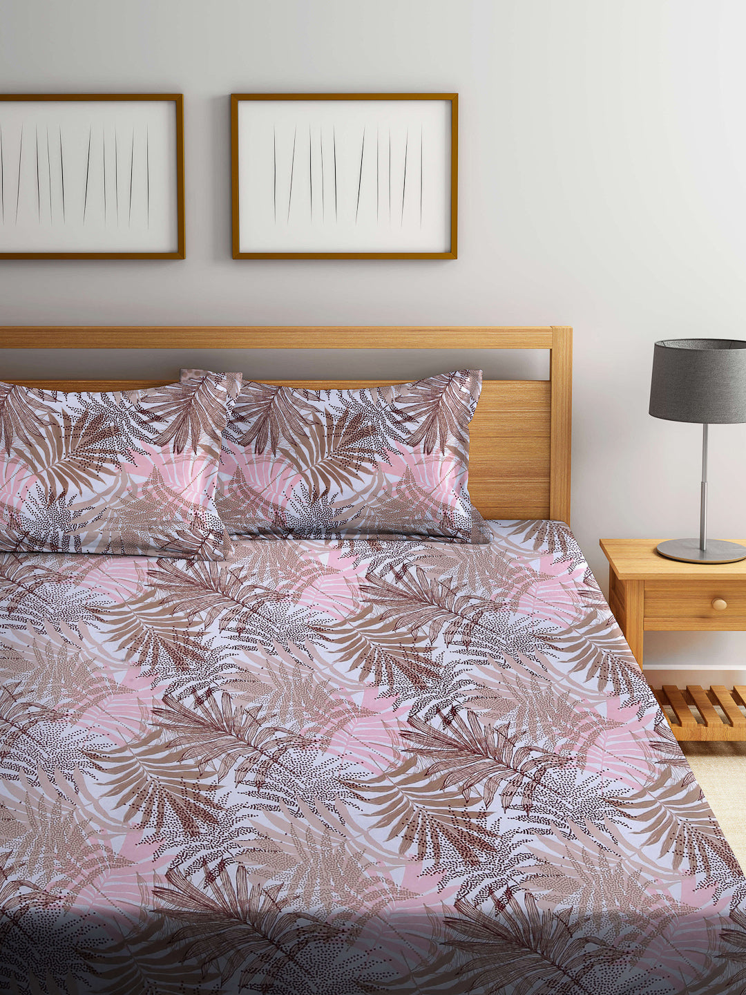Arrabi Multi Leaf 100% Cotton King Size Double Bedsheet with 2 Pillow Covers (250 X 215 cm)