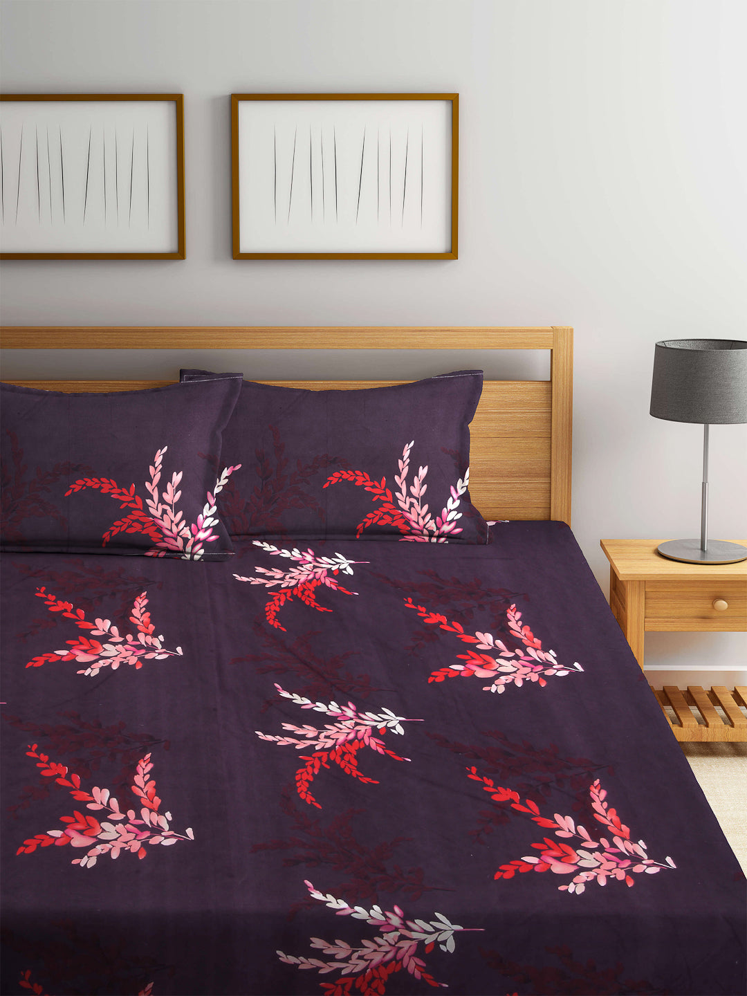 Arrabi Brown Leaf TC Cotton Blend Double Size Bedsheet with 2 Pillow Cover