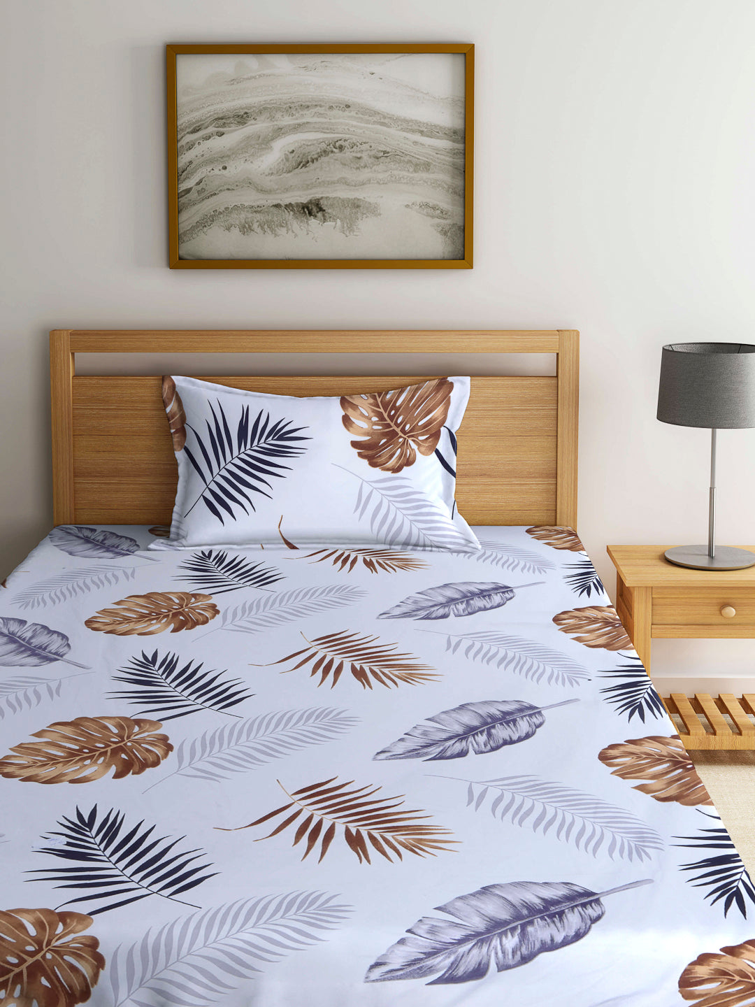 Arrabi White Leaf TC Cotton Blend Single Size Bedsheet with 1 Pillow Cover (220 X 150 cm)