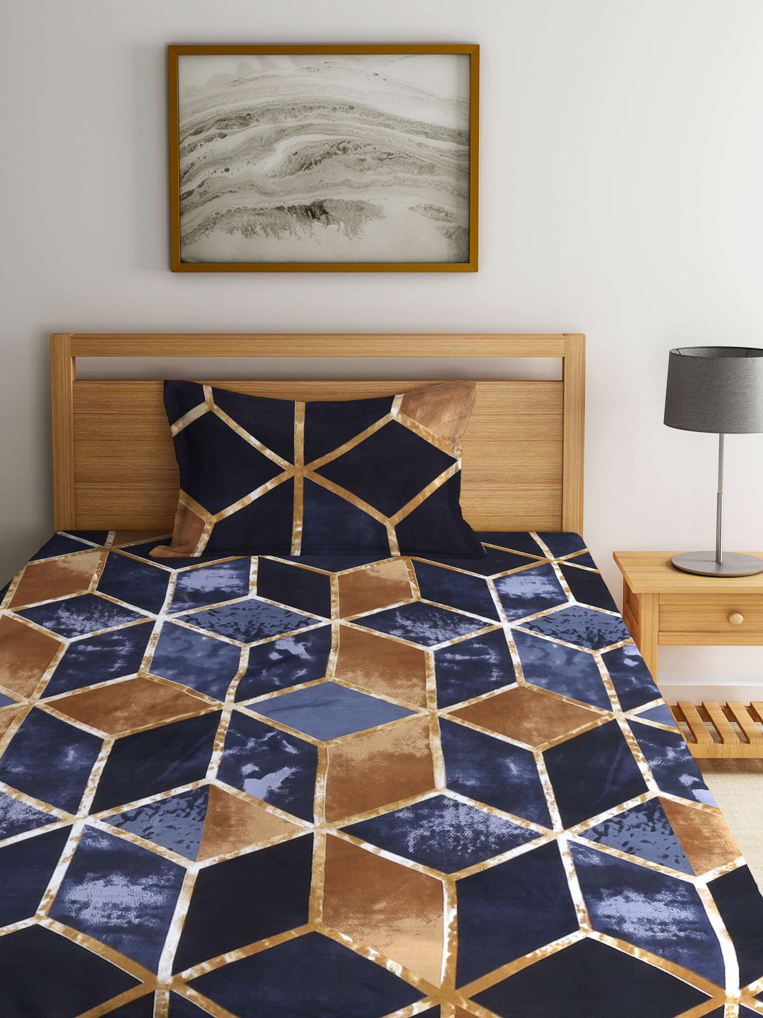 Arrabi Brown Geometric TC Cotton Blend Single Size Fitted Bedsheet with 1 Pillow Cover (220 X 150 cm)