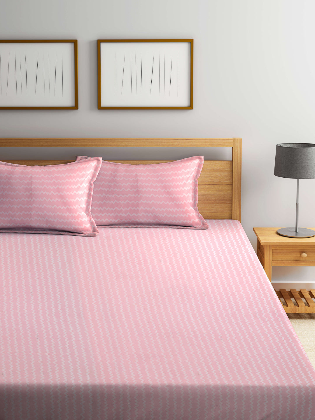 Arrabi Pink Stripes TC Cotton Blend King Size Bedsheet with 2 Pillow Covers (250 X 215 cm)