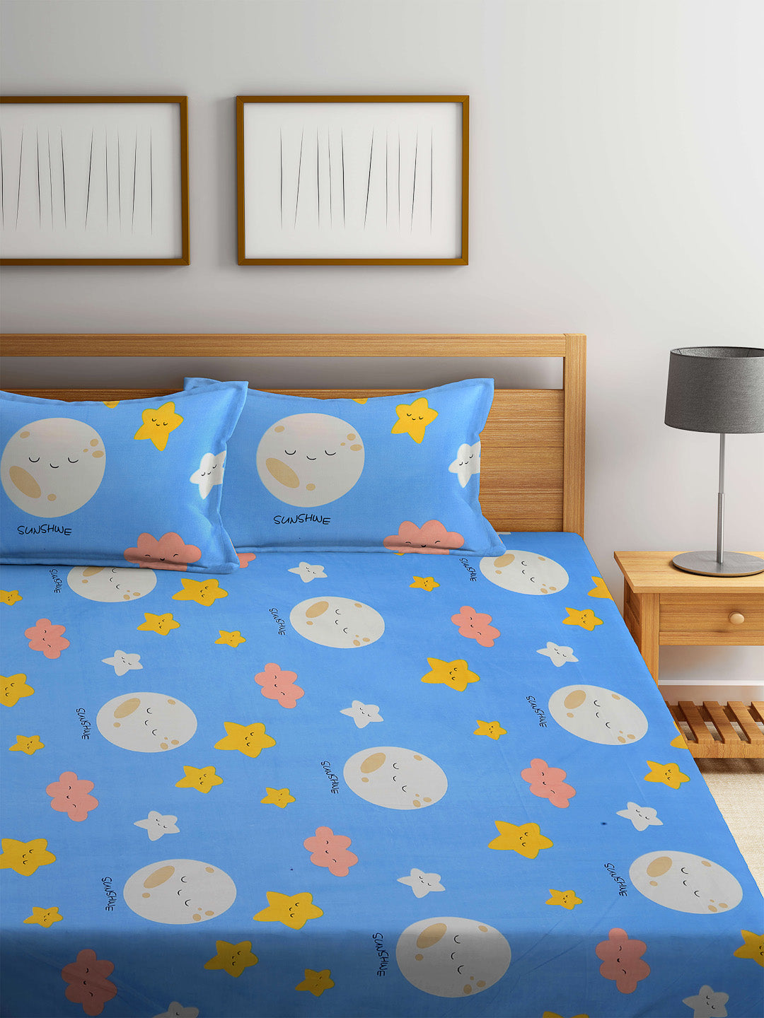 Arrabi Blue Moon & Star TC Cotton Blend King Size Bedsheet with 2 Pillow Cover (255 x 225 cm)