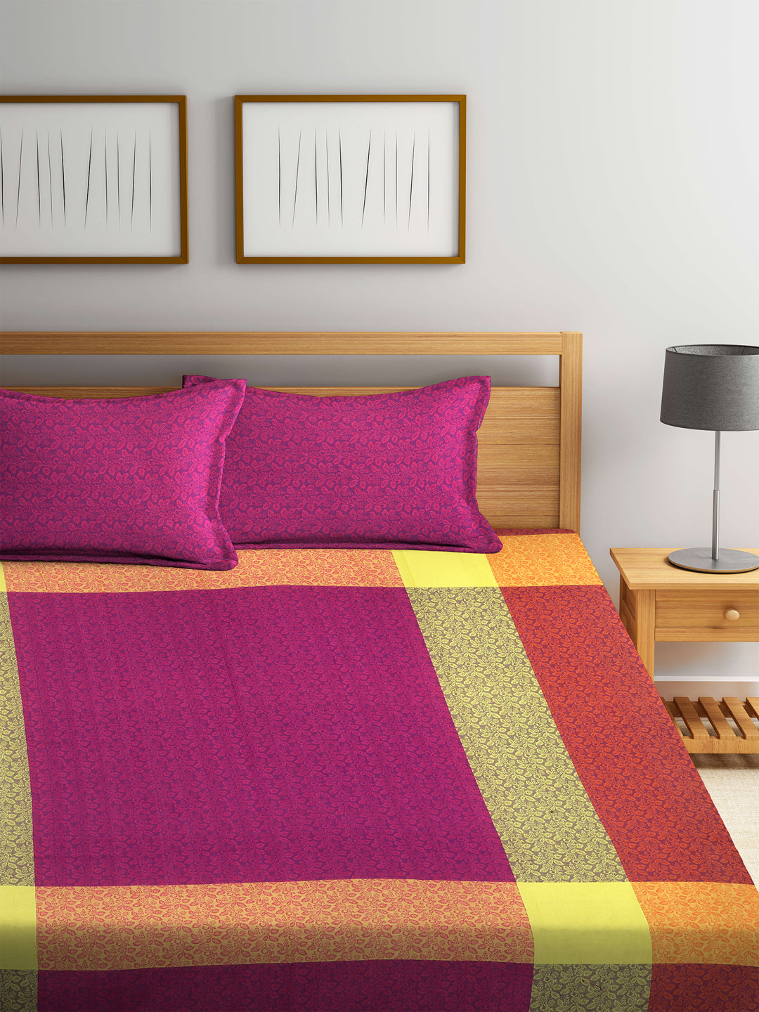 Arrabi Multi Floral Handwoven Cotton Double Size Bedsheet with 2 Pillow Covers (260 x 230 cm)