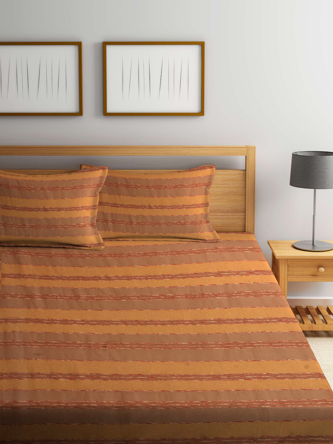 Arrabi Brown Stripes Handwoven Cotton King Size Bedsheet with 2 Pillow Covers (260 X 250 cm)