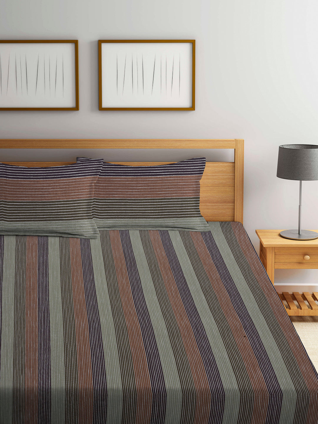 Arrabi Multi Stripes Handwoven Cotton Super King Size Bedsheet with 2 Pillow Covers (270 X 260 cm)