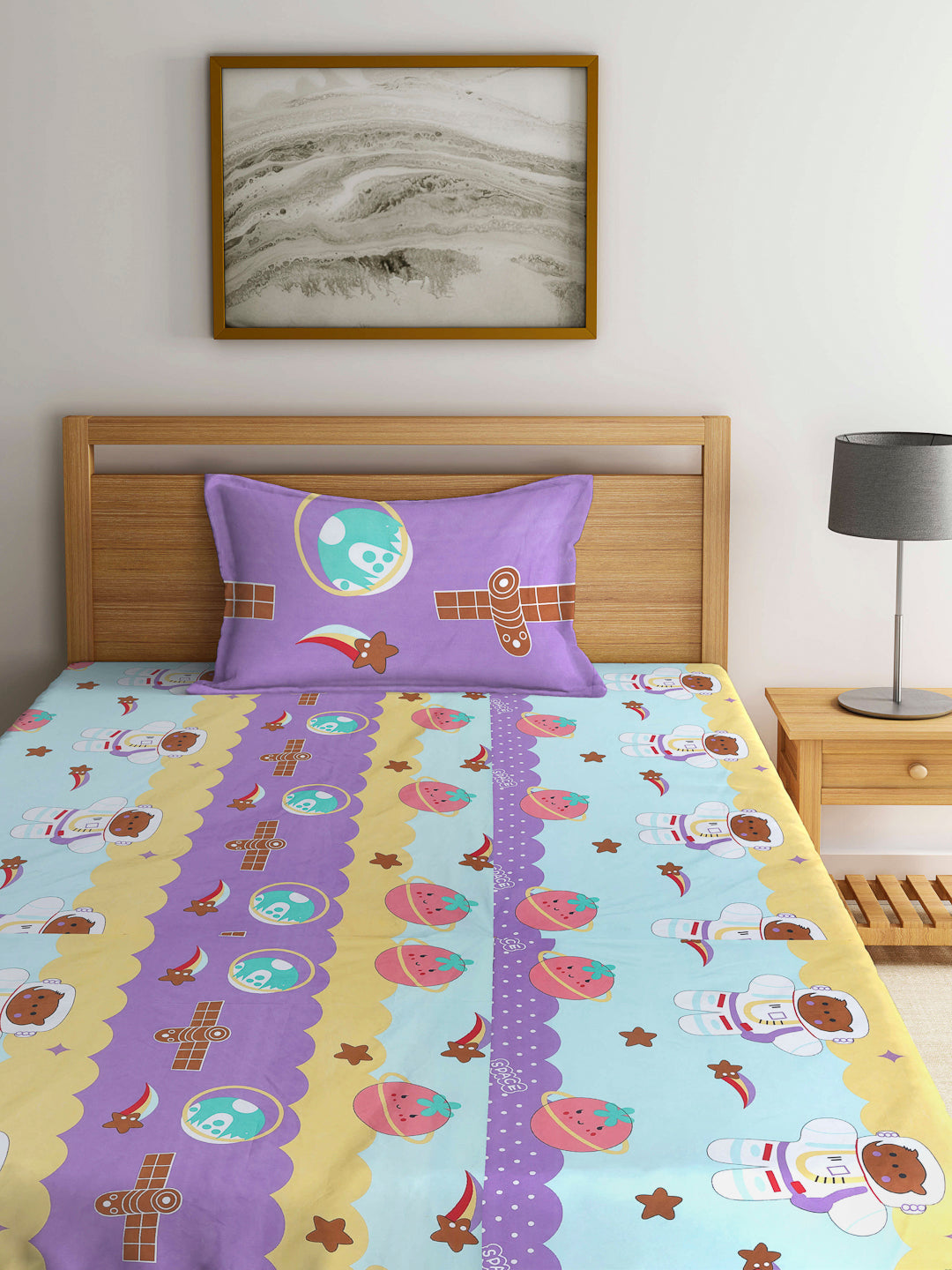 Arrabi Multi Cartoon TC Cotton Blend Single Size Bedsheet with 1 Pillow Cover (220 X 150 cm)