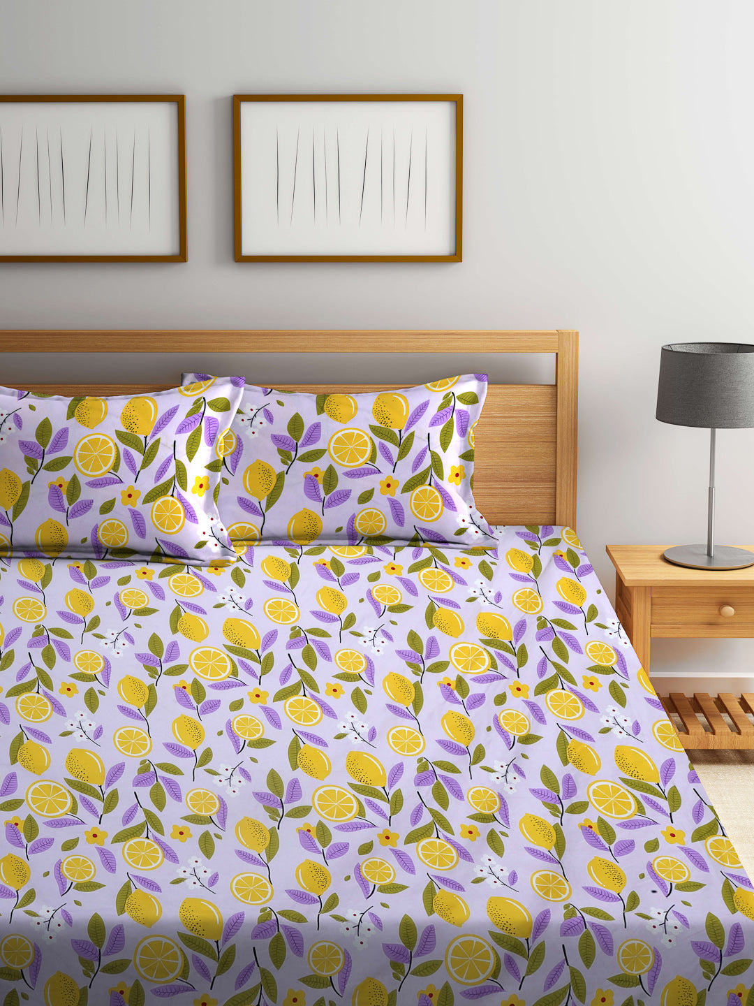 Arrabi Purple Leaf TC Cotton Blend King Size Bedsheet with 2 Pillow Covers (250 X 215 cm)