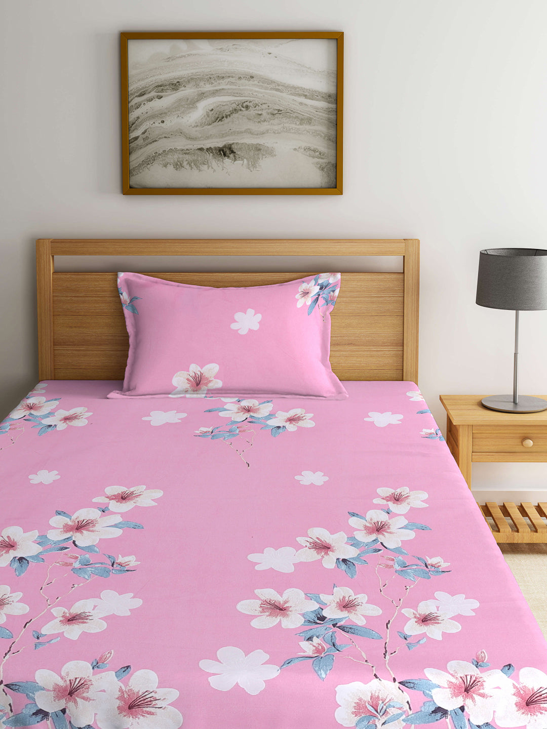 Arrabi Pink Floral TC Cotton Blend Single Size Bedsheet with 1 Pillow Cover (220 X 150 cm)