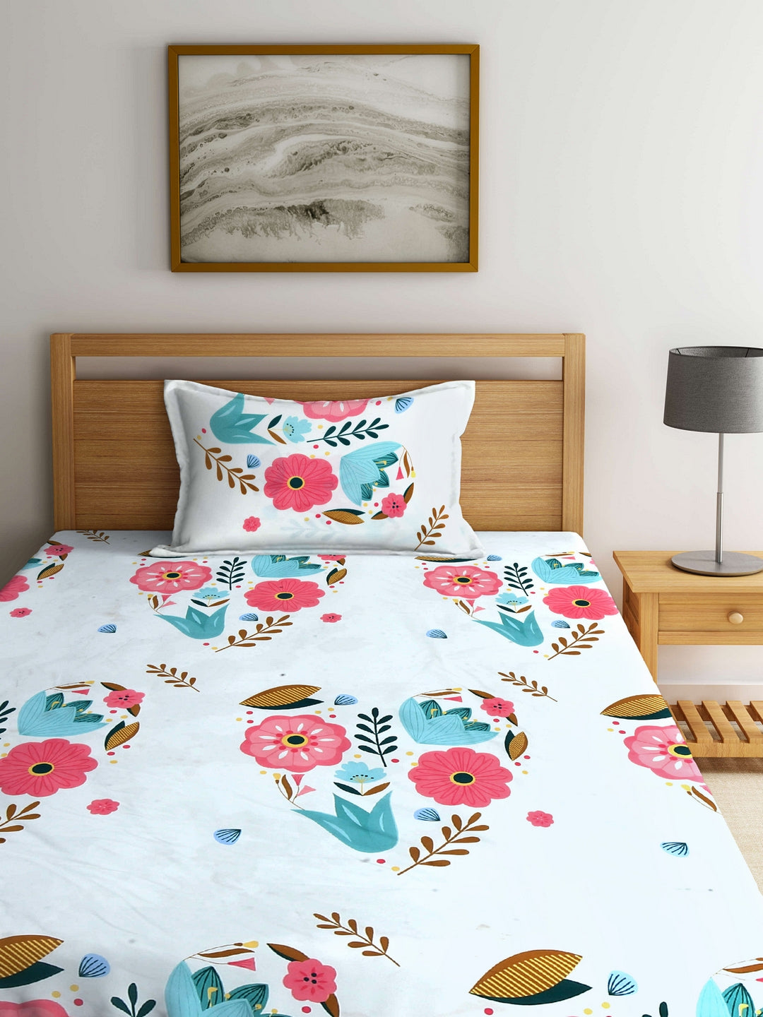 Arrabi Multi Floral TC Cotton Blend Single Size Bedsheet with 1 Pillow Cover (220 X 150 cm)