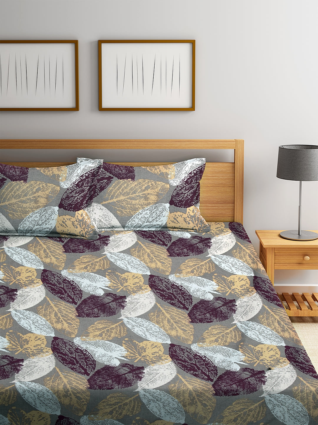 Arrabi Multi Leaf TC Cotton Blend Double Size Bedsheet with 2 Pillow Cover