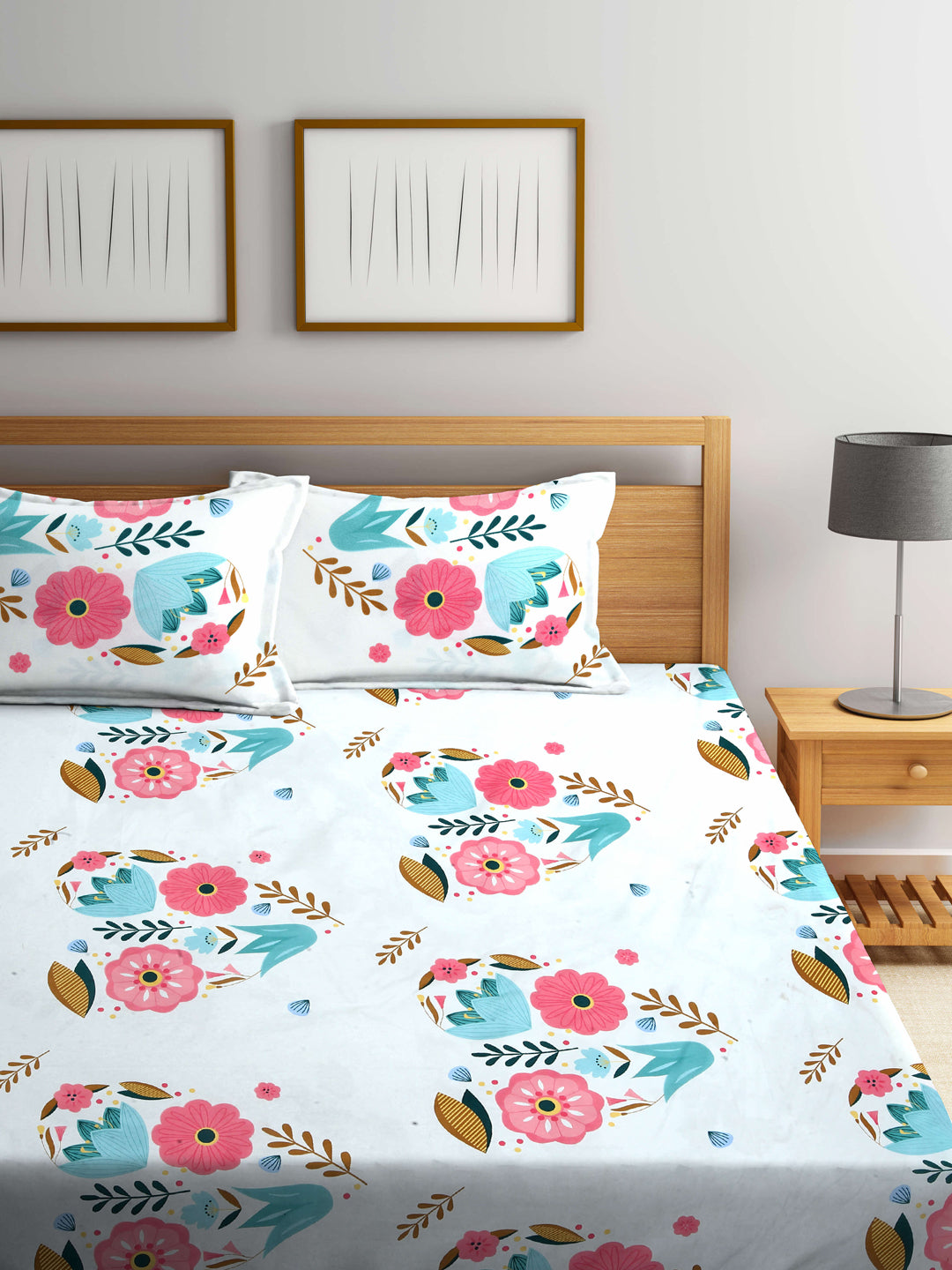 Arrabi Multi Floral TC Cotton Blend King Size Fitted Bedsheet with 2 Pillow Covers (250 X 220 Cm )