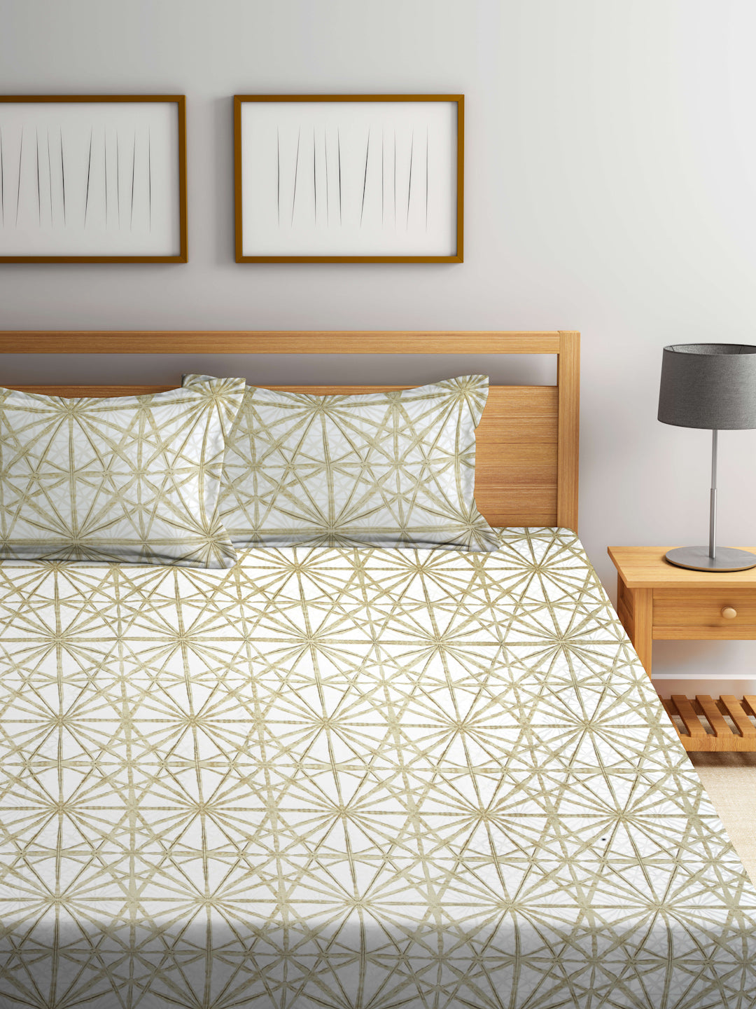 Arrabi Beige Graphic TC Cotton Blend King Size Bedsheet with 2 Pillow Covers (250 X 215 cm)