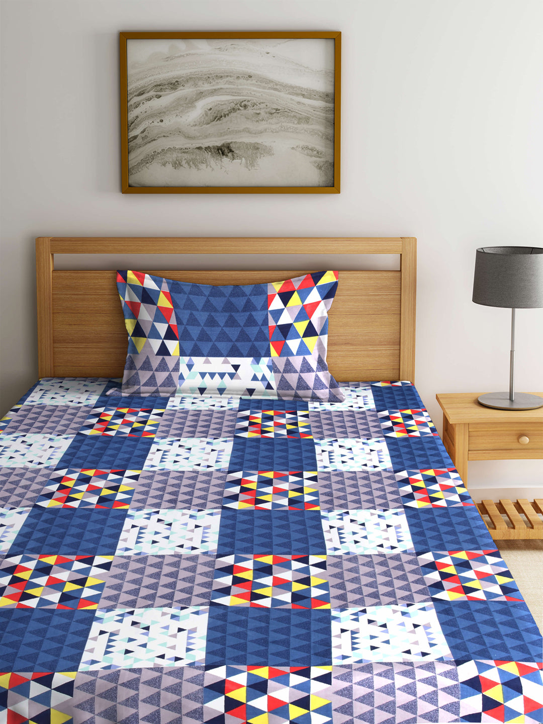 Arrabi Blue Geometric TC Cotton Blend Single Size Fitted Bedsheet with 1 Pillow Cover (220 X 150 cm)