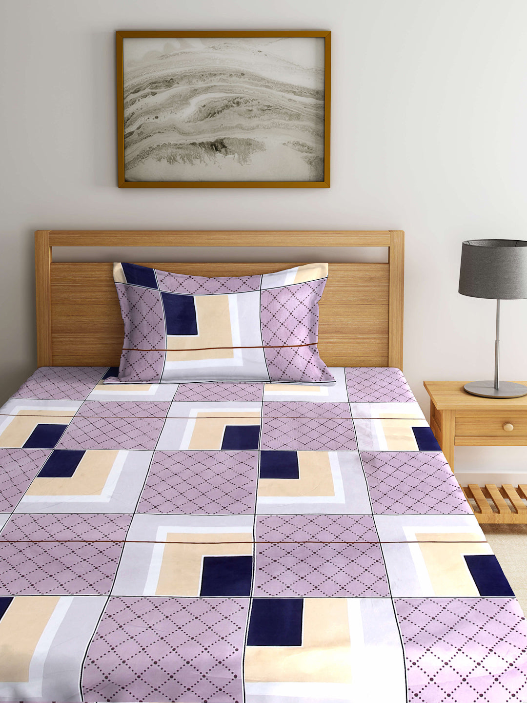 Arrabi Multi Geometric TC Cotton Blend Single Size Fitted Bedsheet with 1 Pillow Cover (220 X 150 cm)