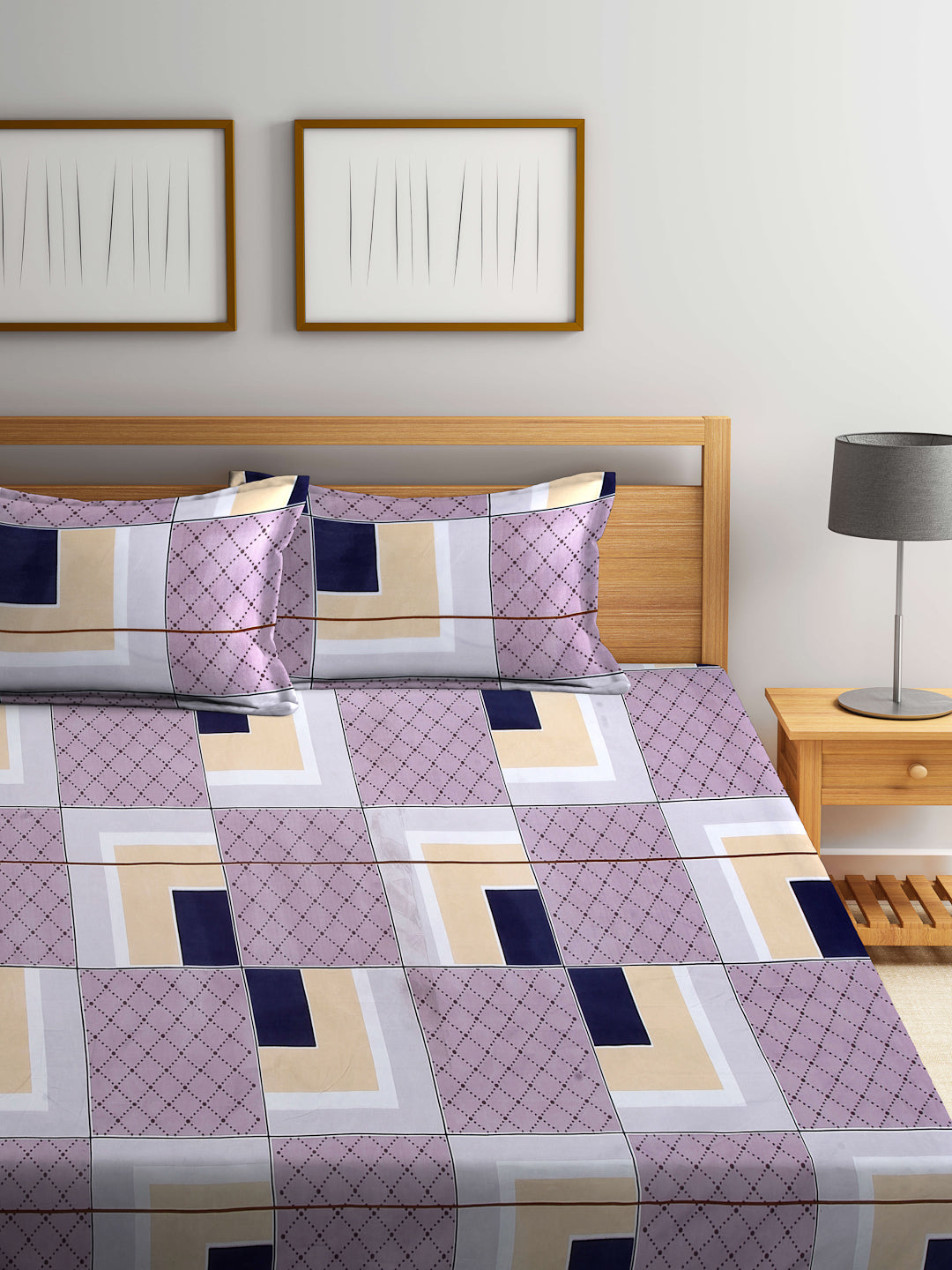 Arrabi Multi Geometric TC Cotton Blend King Size Fitted Bedsheet with 2 Pillow Covers (250 X 215 Cm )