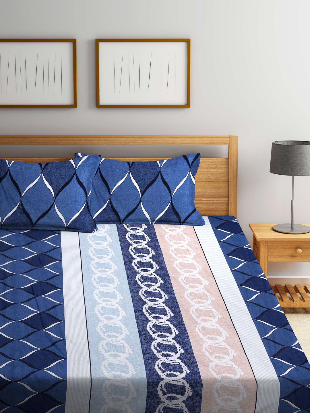 Arrabi Multi Graphic TC Cotton Blend Double Size Bedsheet with 2 Pillow Covers