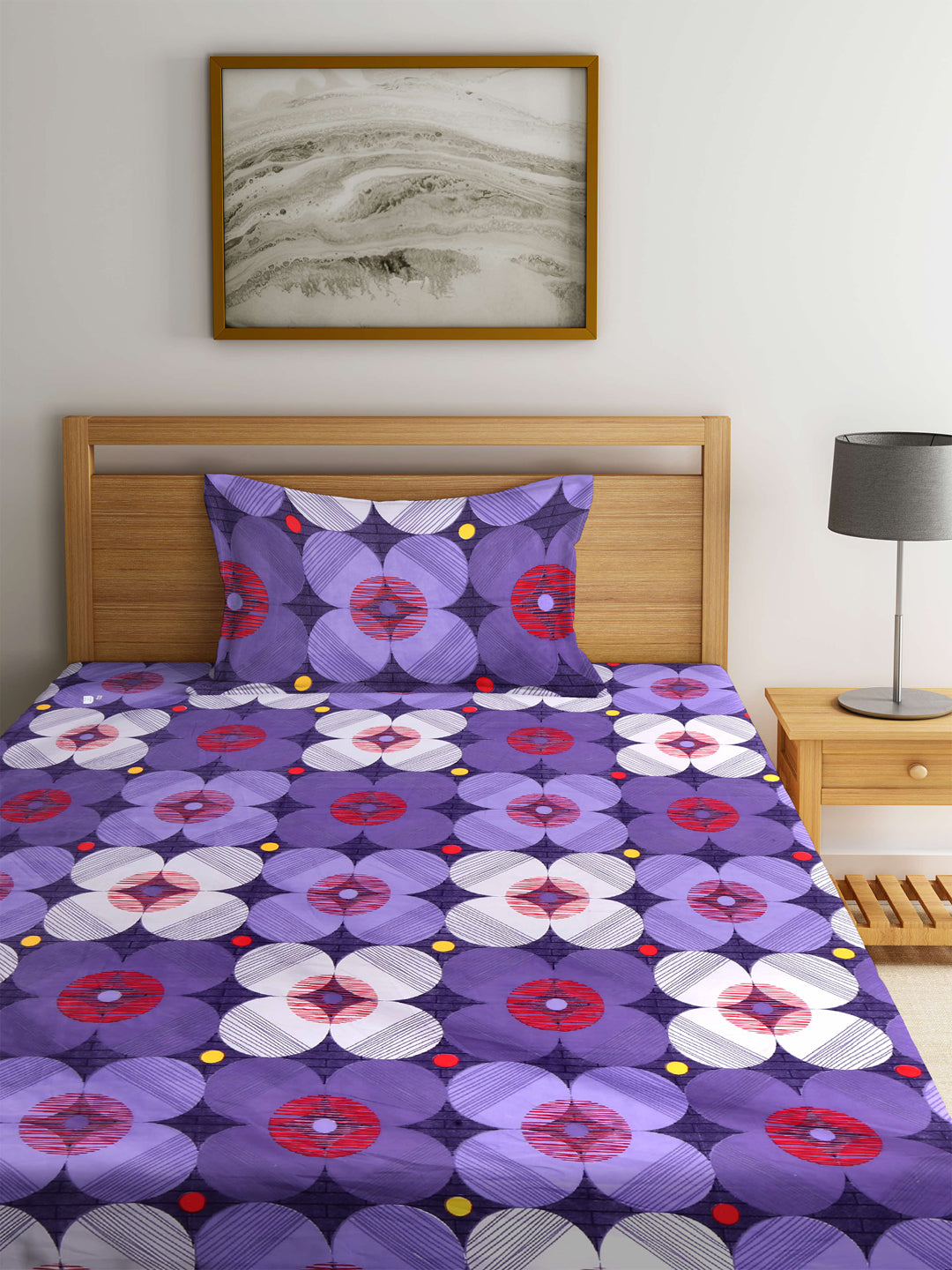 Arrabi Blue Geometric TC Cotton Blend Single Size Fitted Bedsheet with 1 Pillow Cover (220 X 150 cm)