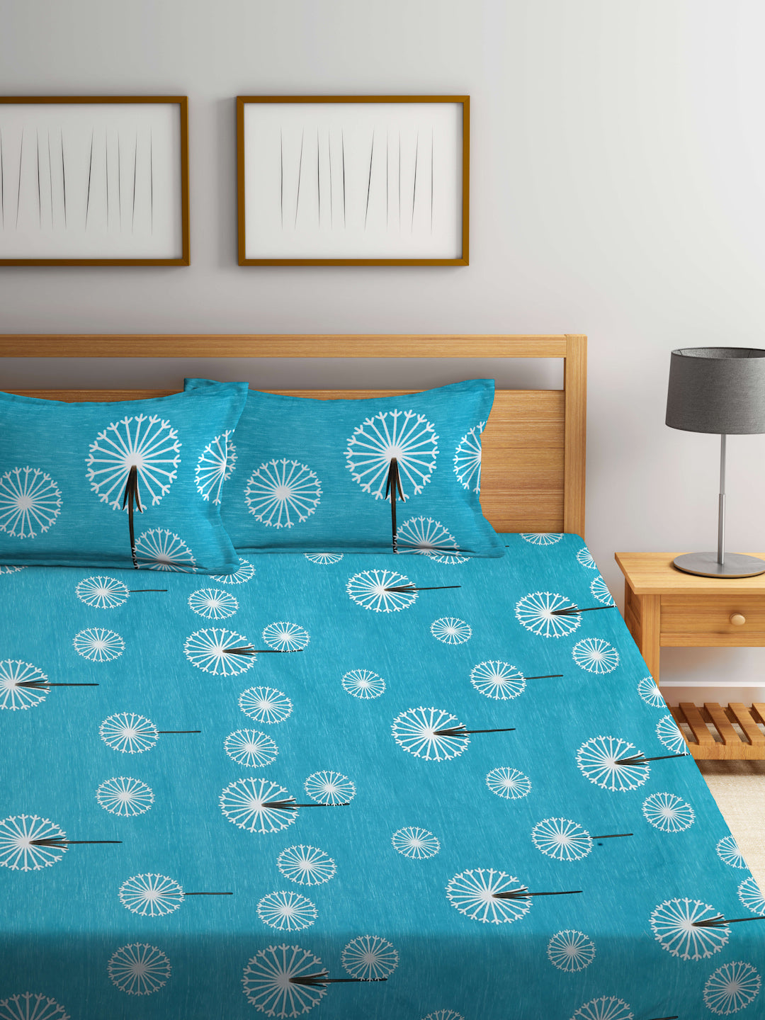 Arrabi Teal Floral TC Cotton Blend Super King Size Fitted Bedsheet with 2 Pillow Covers(270 X 260 Cm )