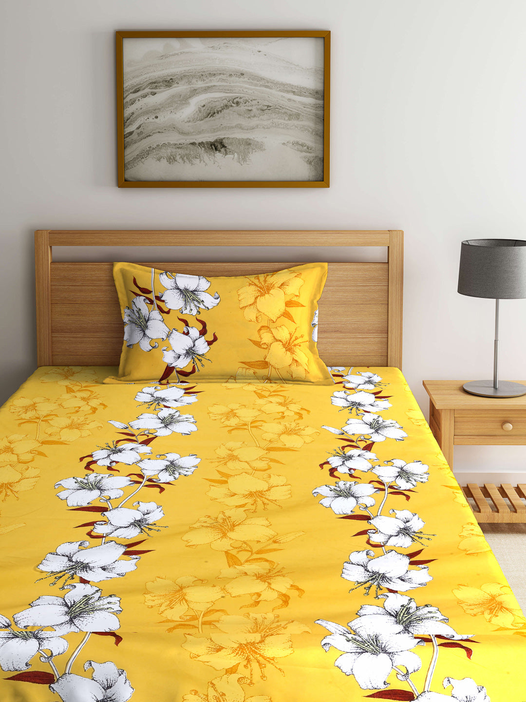 Arrabi Yellow Floral TC Cotton Blend Single Size Fitted Bedsheet with 1 Pillow Cover (220 X 150 cm)