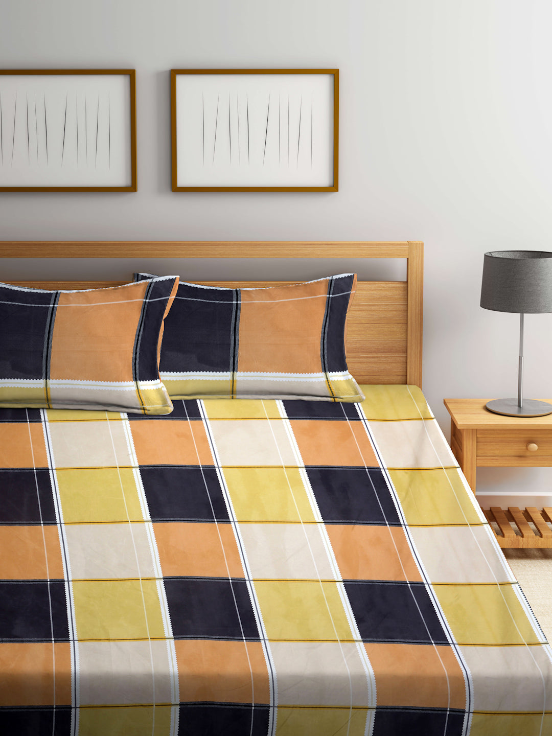 Arrabi Multi Geometric TC Cotton Blend Super King Size Fitted Bedsheet with 2 Pillow Covers(270 X 260 Cm )