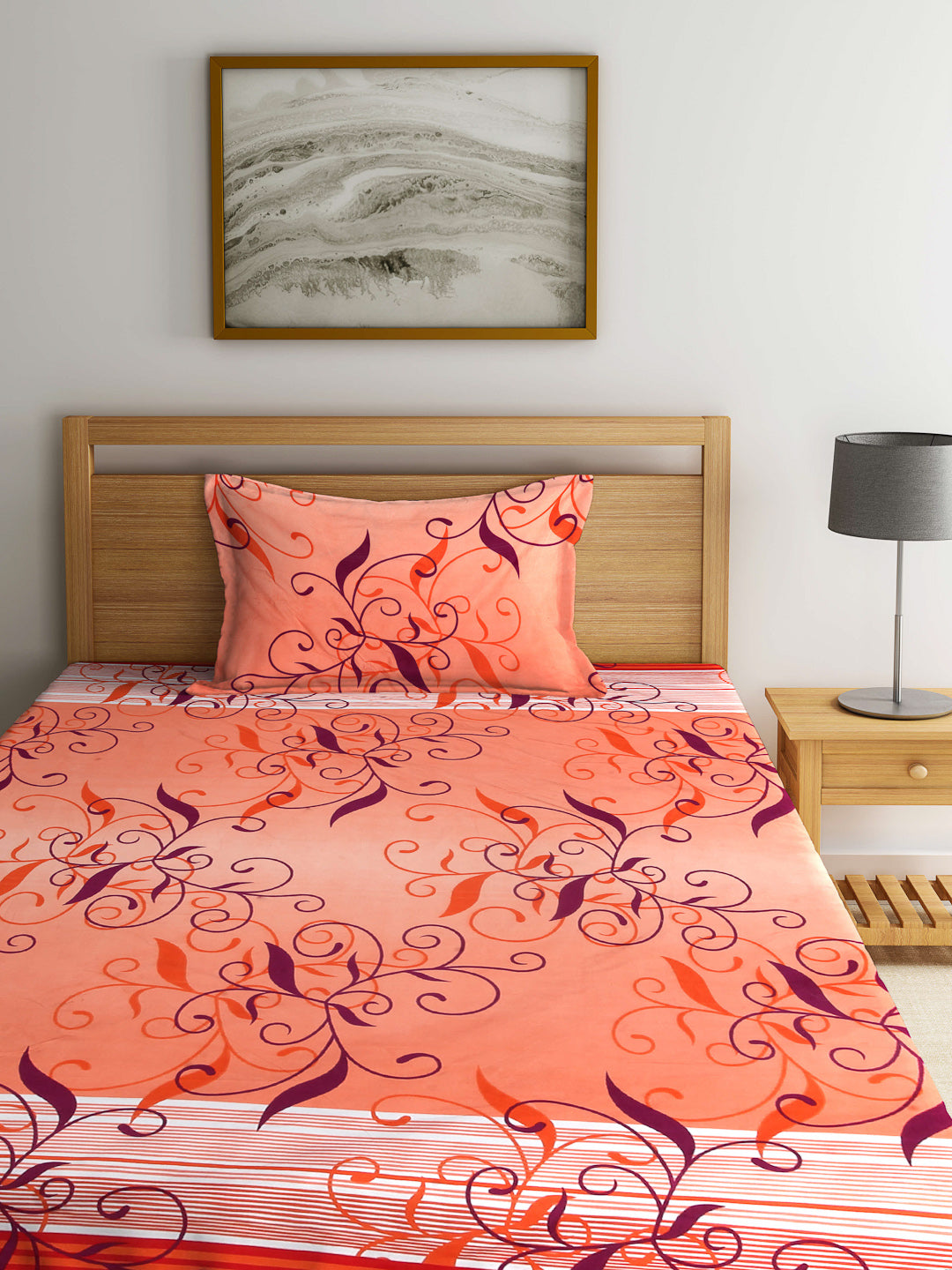 Arrabi Orange Leaf TC Cotton Blend Single Size Bedsheet with 1 Pillow Cover ( 215 X 150 cm)