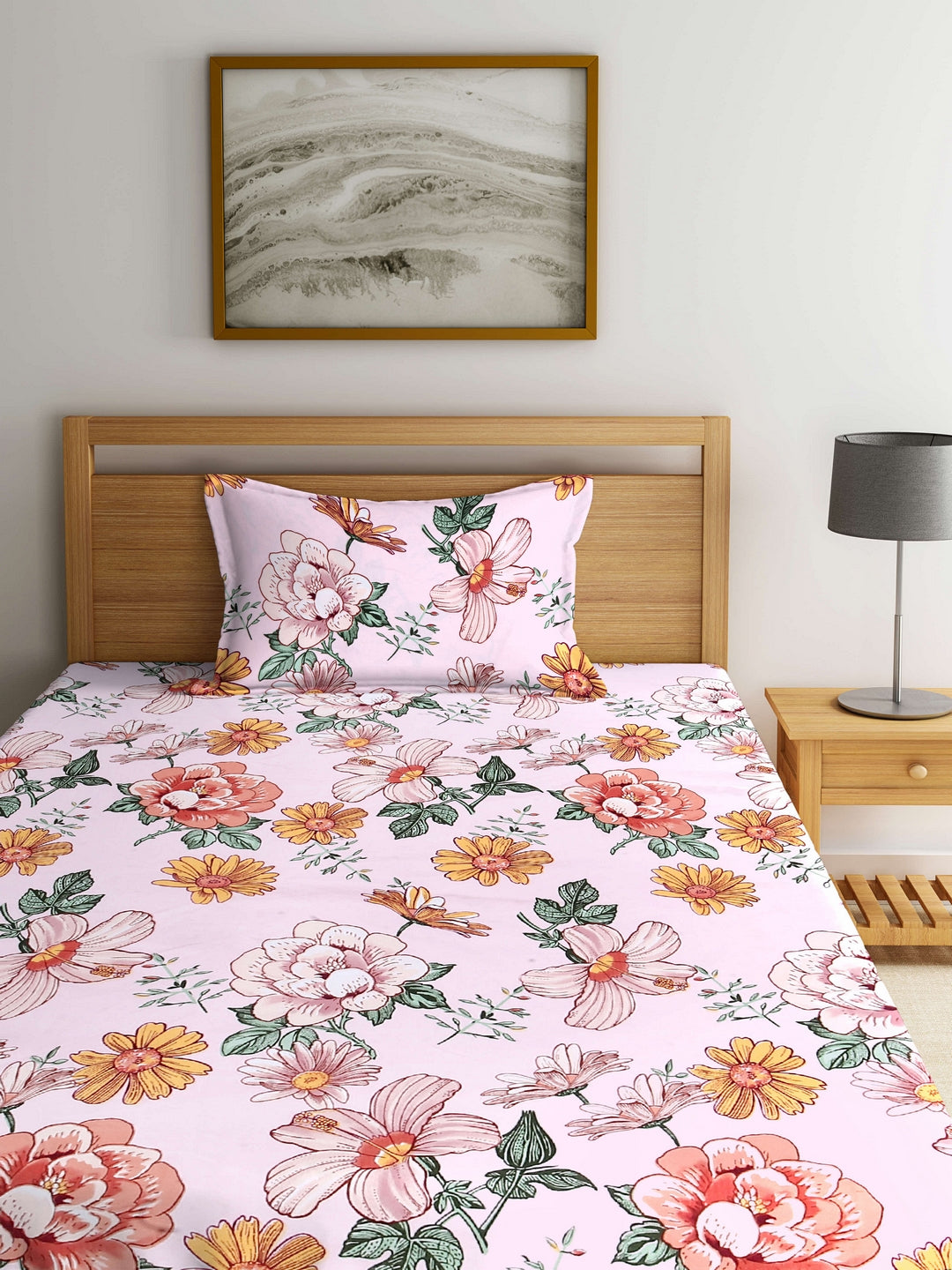 Arrabi Multi Floral TC Cotton Blend Single Size Bedsheet with 1 Pillow Cover (220 X 150 cm)