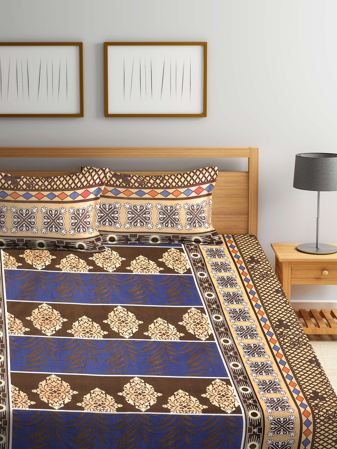Arrabi Multi Indian TC Polycotton Double Size Bedsheet with 2 Pillow Cover (255 x 225 cm)