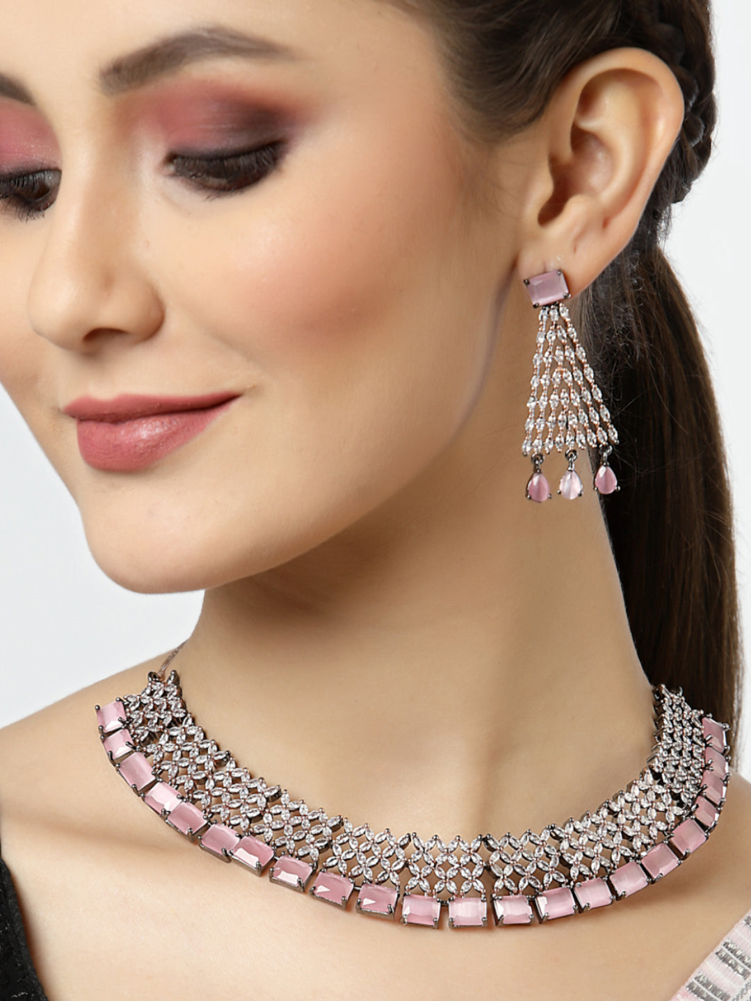 Arrabi Pink American Diamond Jewellery Set with 2 Earrings(30 cm)