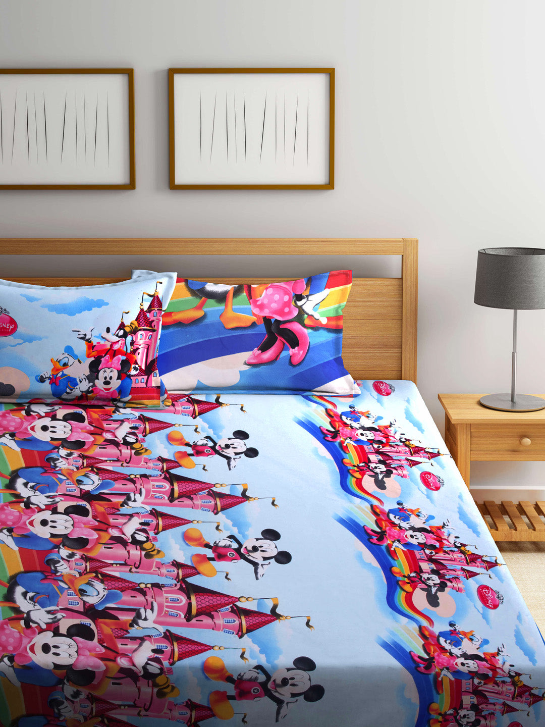 Arrabi Multi Cartoon TC Cotton Blend Double Size Bedsheet with 2 Pillow Cover