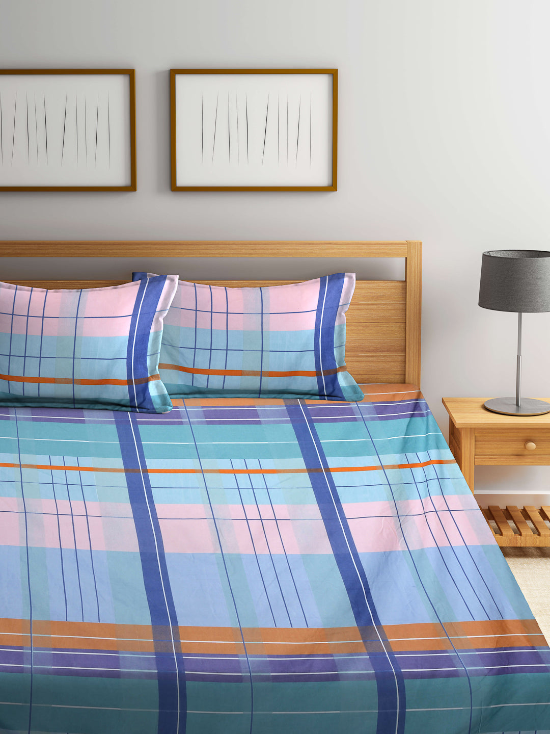 Arrabi Multi Checks TC Cotton Blend King Size Bedsheet with 2 Pillow Covers (250 X 215 cm)