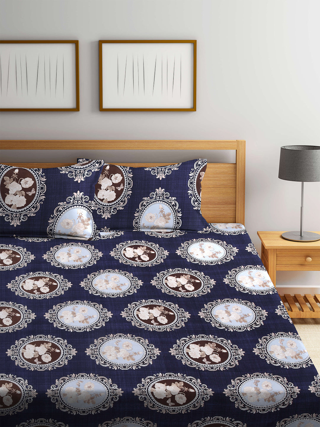 Arrabi Blue Indian TC Cotton Blend Double Size Fitted Bedsheet with 2 Pillow Covers (250 X 220 cm)