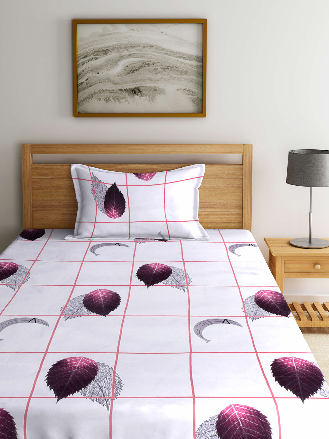 Arrabi Grey Leaf TC Cotton Blend Single Size Bedsheet with 1 Pillow Cover ( 220 X 150 cm)