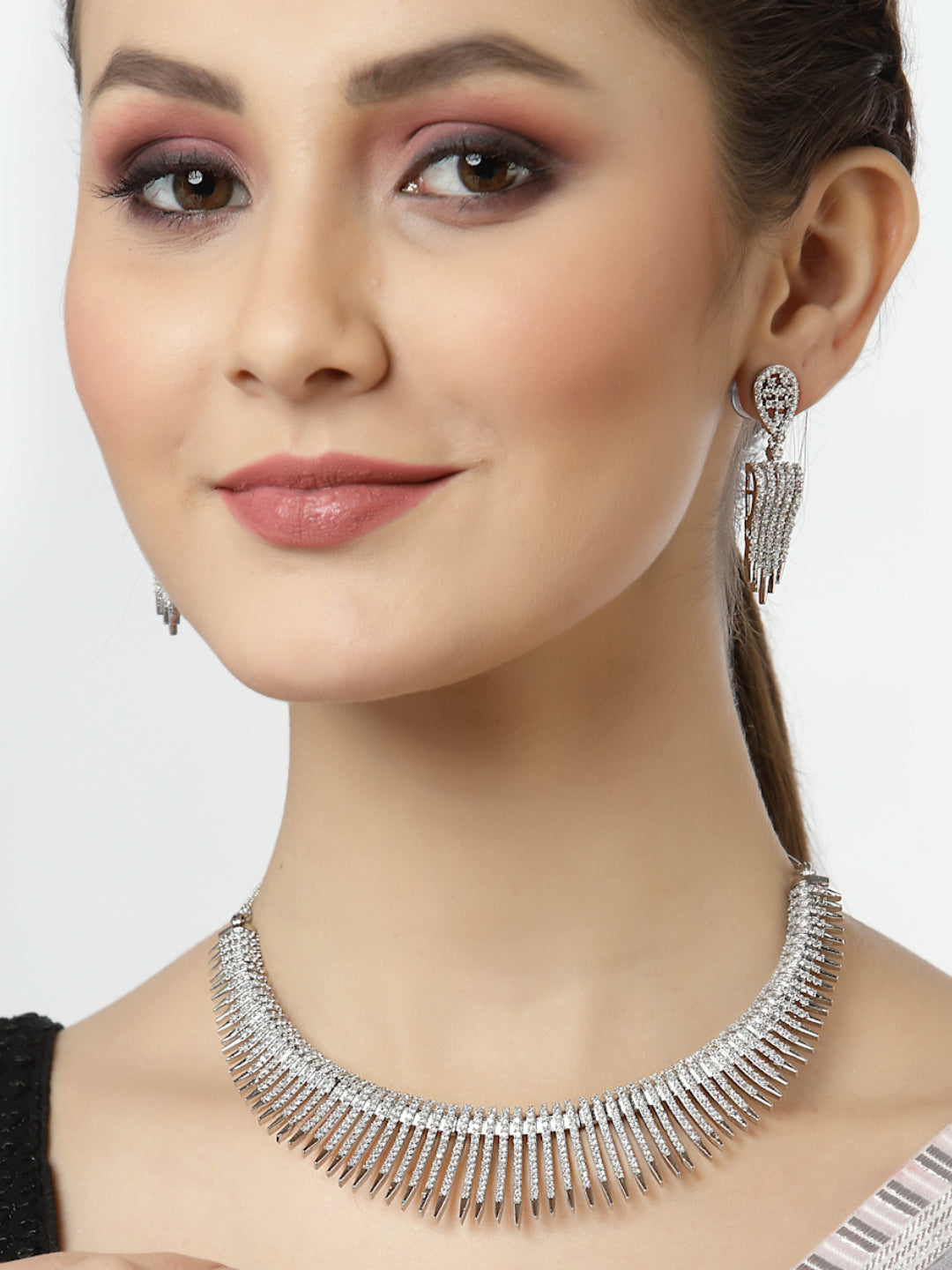 Arrabi Silver American Diamond Jewellery Set with 2 Earrings(30 cm)