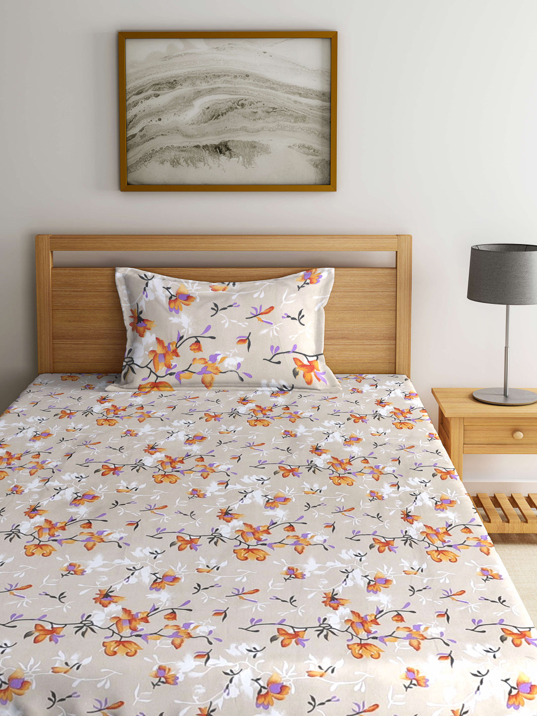 Arrabi Beige Floral TC Cotton Blend Single Size Fitted Bedsheet with 1 Pillow Cover (220 X 150 cm)