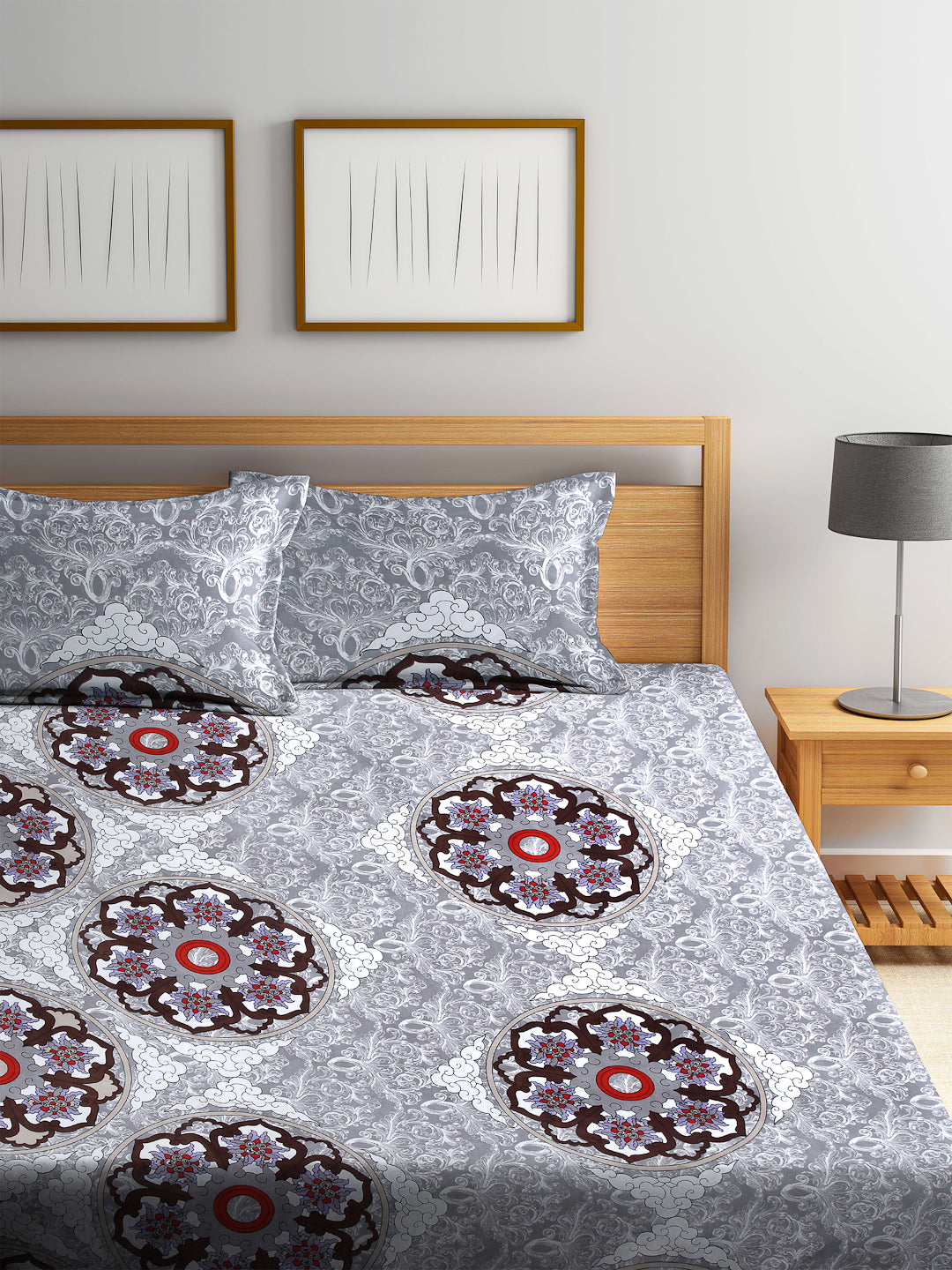 Arrabi Grey Indian TC Cotton Blend Double Size Bedsheet with 2 Pillow Cover
