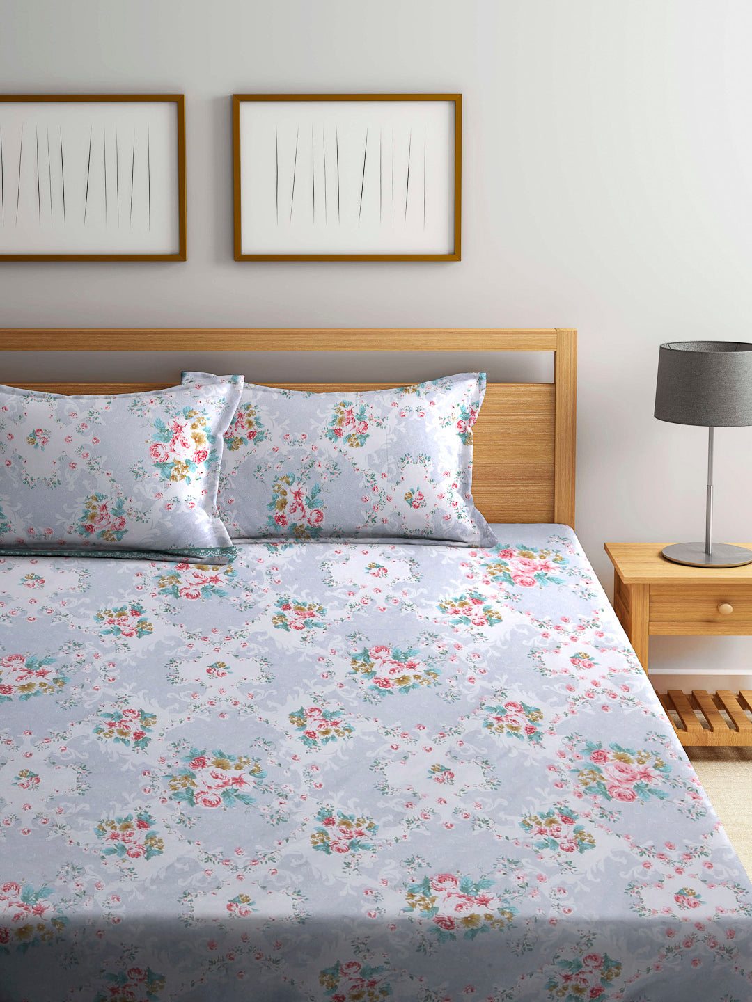 Arrabi Multi Floral TC Cotton Blend Double Size Bedsheet with 2 Pillow Cover
