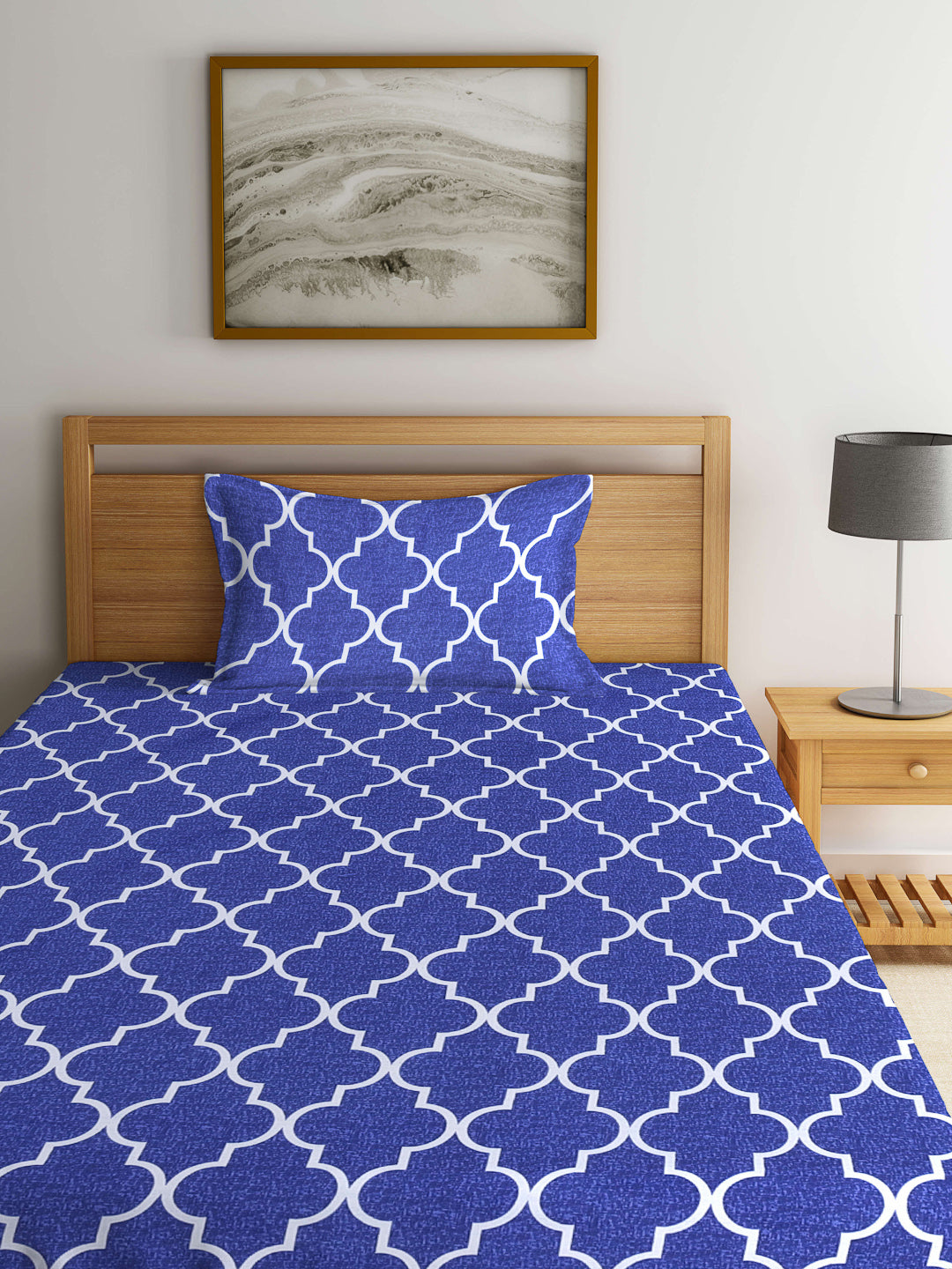 Arrabi Blue Indian TC Cotton Blend Single Size Bedsheet with 1 Pillow Cover (220 X 150 cm)
