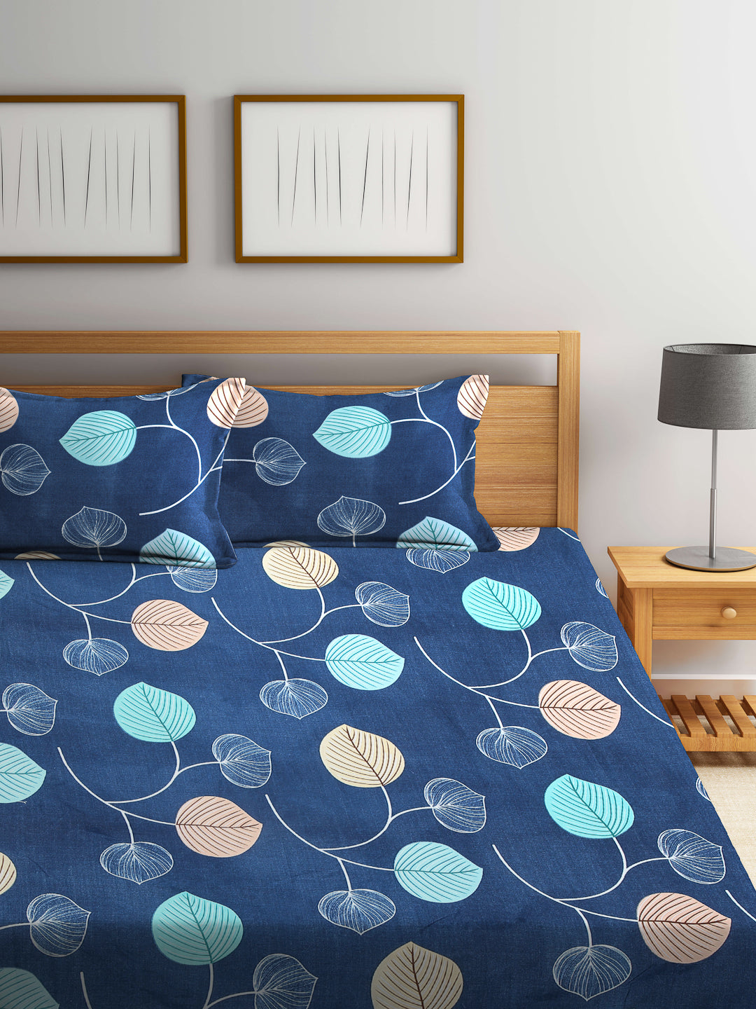 Arrabi Blue Leaf TC Cotton Blend Double Size Bedsheet with 2 Pillow Covers (250 x 215 cm)