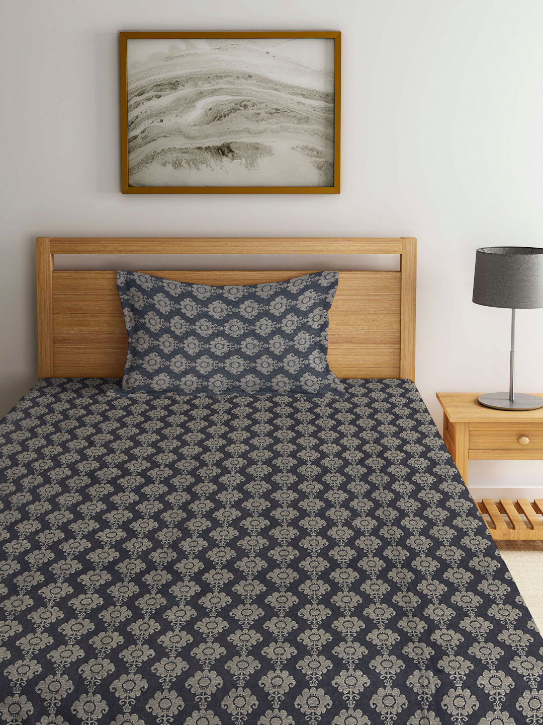 Arrabi Black Indian Handwoven Cotton Single Size Bedsheet with 1 Pillow Cover (230 X 150 cm)