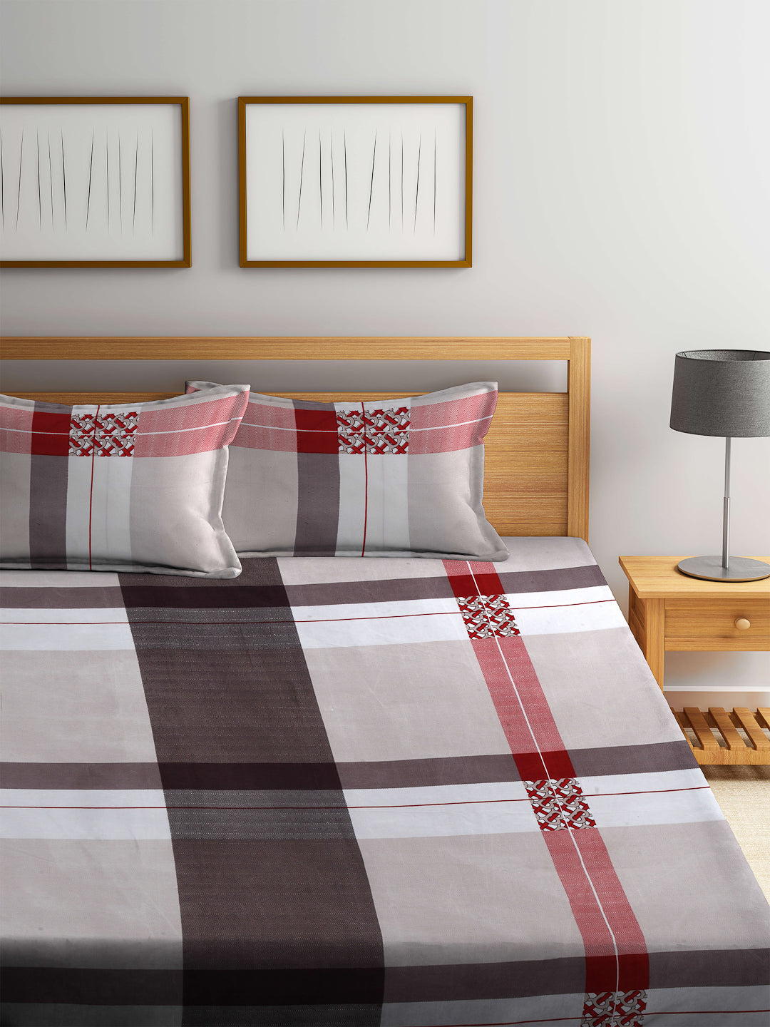 Arrabi Beige Stripes TC Cotton Blend Double Size Bedsheet with 2 Pillow Cover