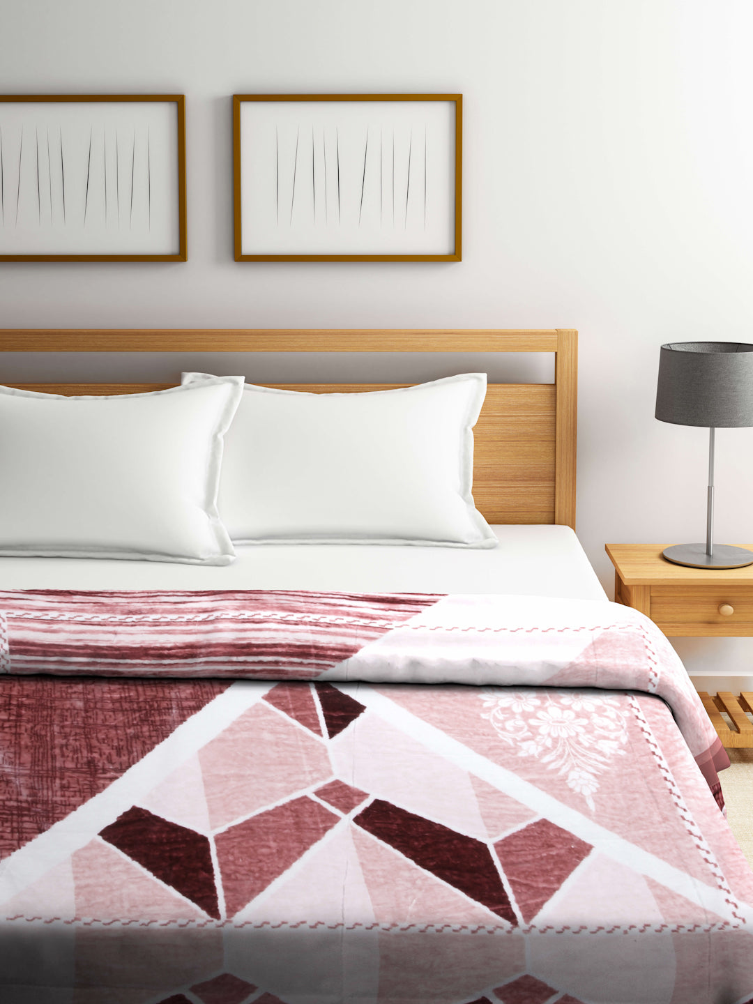 Arrabi Peach Geometric Wool Blend 950 GSM Full Size Double Bed Blanket (220 X 200 cm)