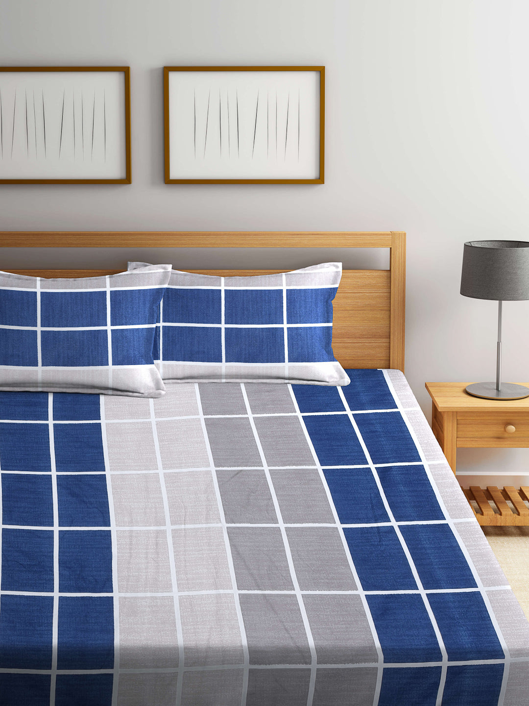 Arrabi Blue Checks TC Cotton Blend Double Size Bedsheet with 2 Pillow Covers (250 x 220 cm)