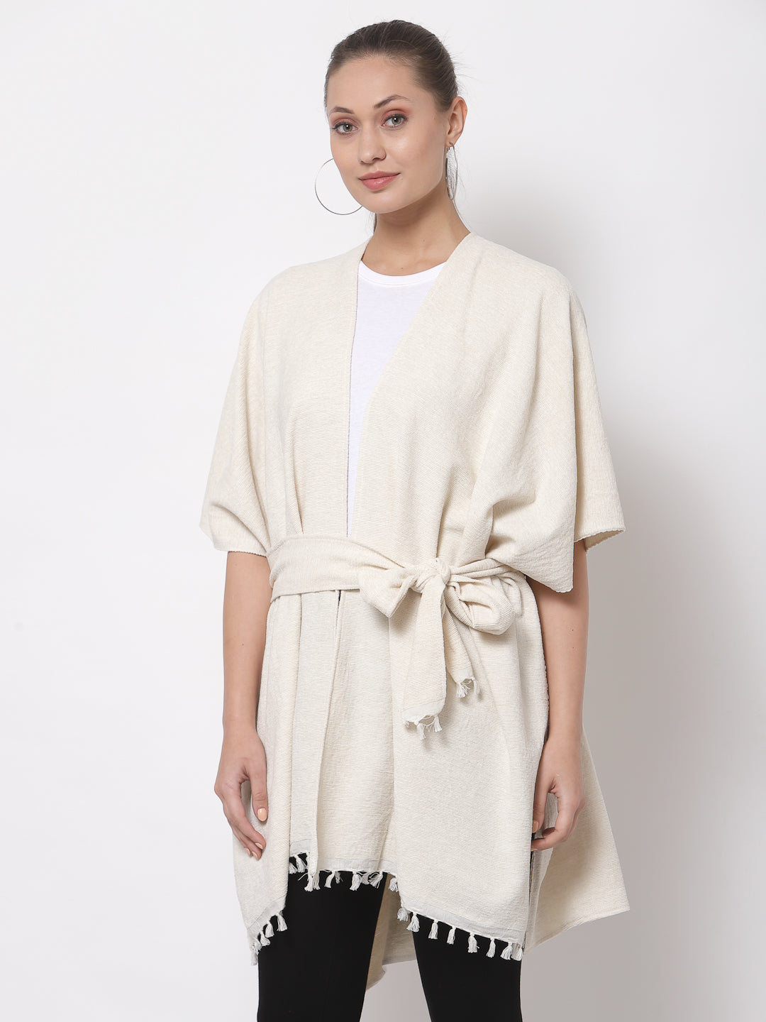 Arrabi Cream Solid Cotton Chenille Full Size Shrug with Belt (160 x 100 cm)