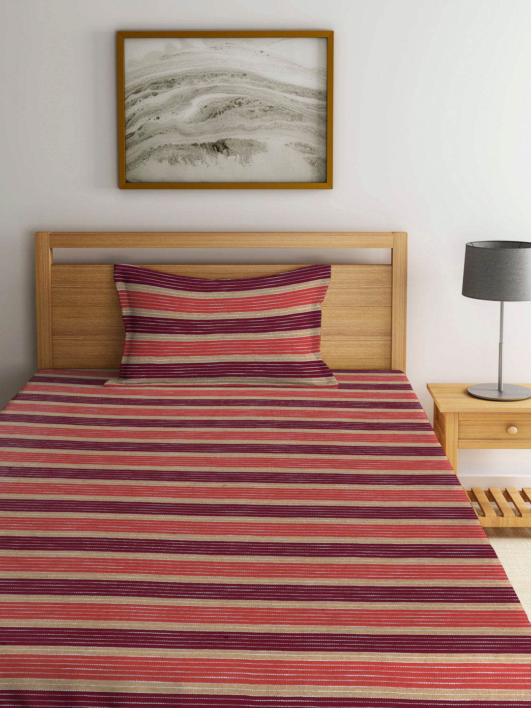 Arrabi Multi Stripes Handwoven Cotton Single Size Bedsheet with 1 Pillow Cover (230 X 150 cm)
