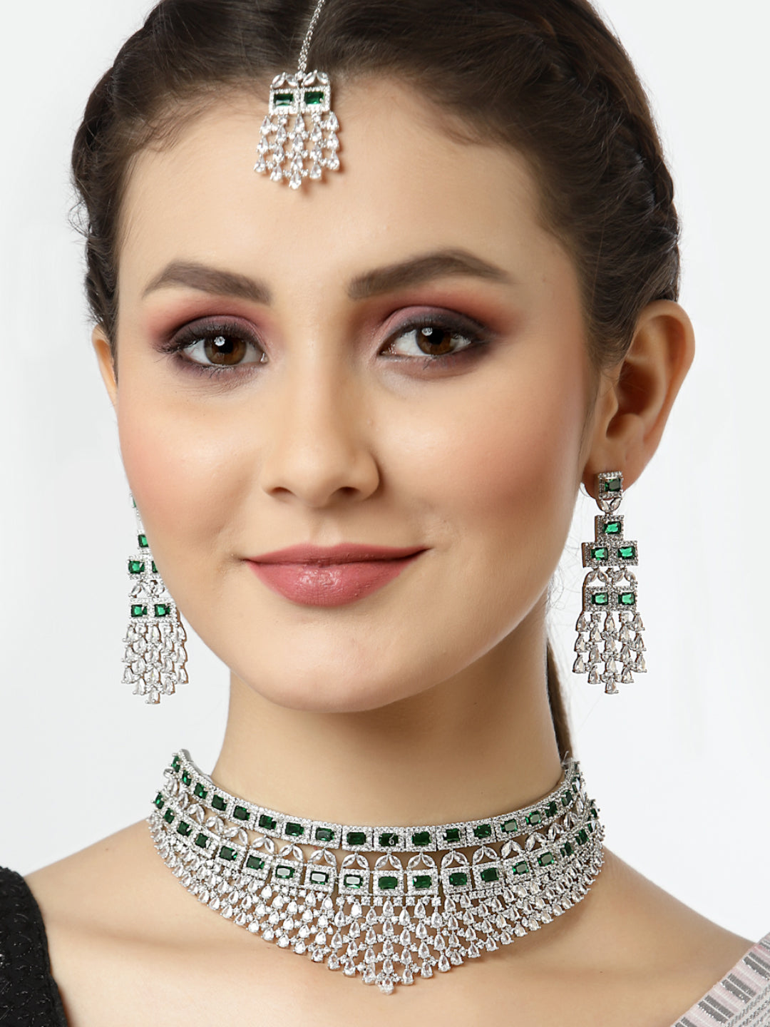 Arrabi Green American Diamond Jewellery Set with 2 Earrings and Tika(30 cm)