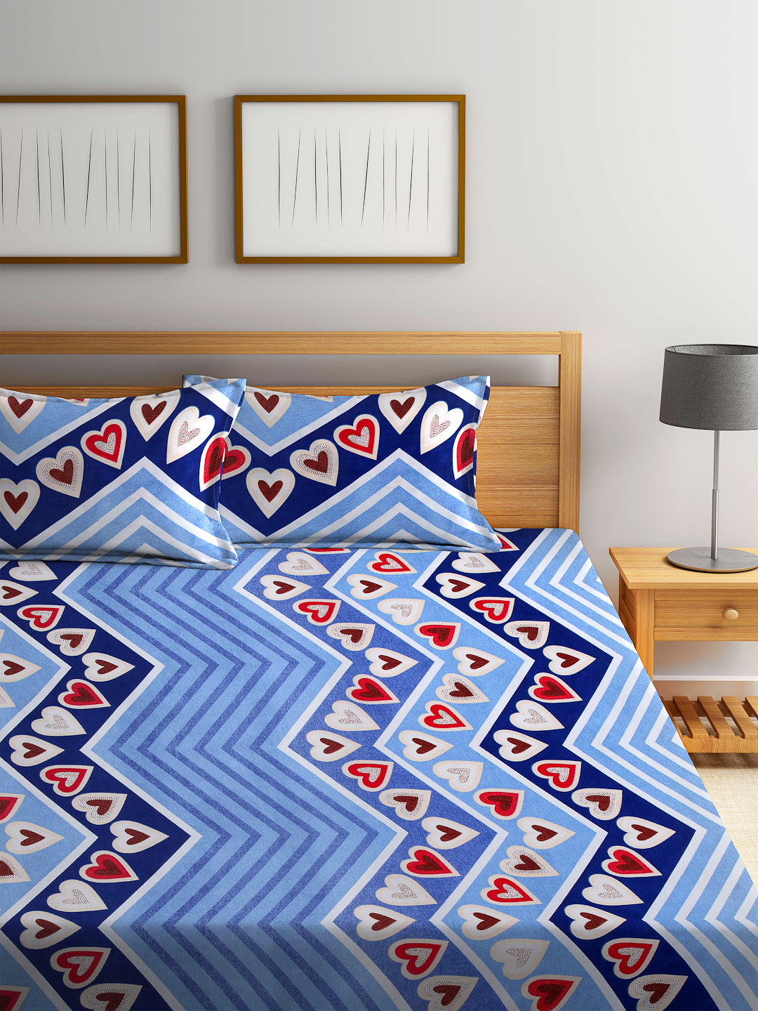 Arrabi Blue Graphic TC Cotton Blend Double Size Fitted Bedsheet with 2 Pillow Covers (250 X 220 cm)