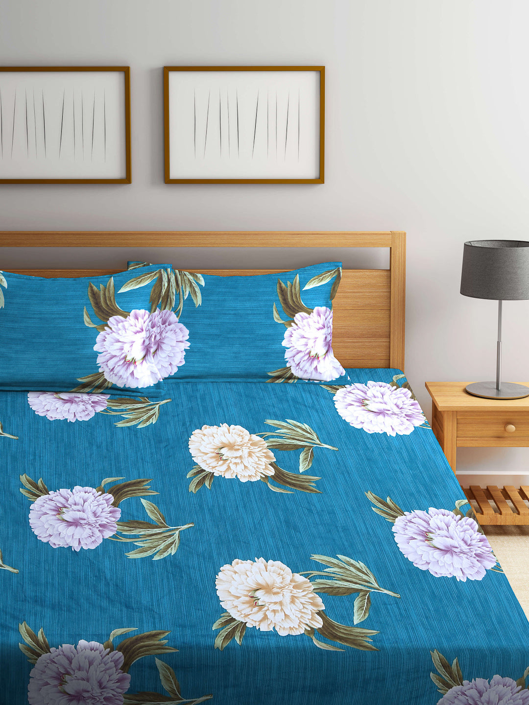 Arrabi Teal Floral TC Cotton Blend Double Size Bedsheet with 2 Pillow Covers